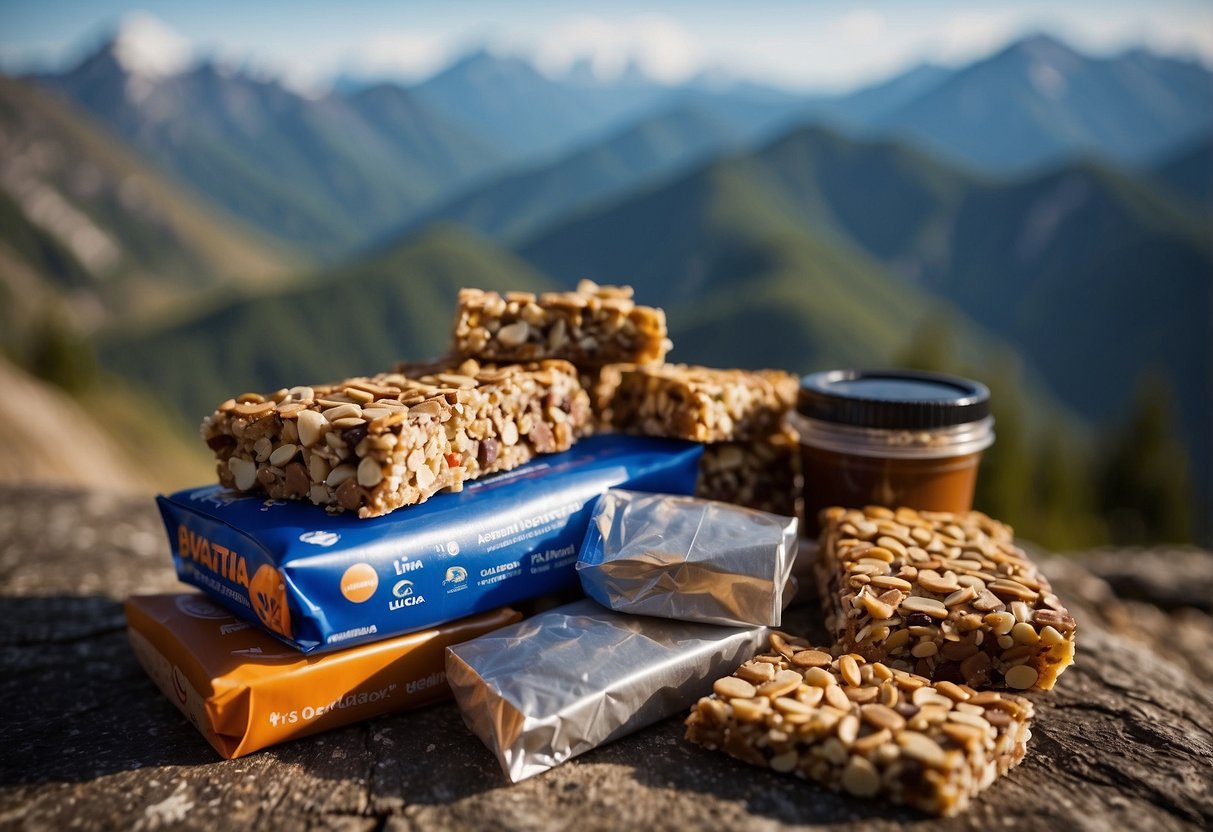 A pile of energy bars surrounded by climbing gear and a map, with a mountain peak in the background