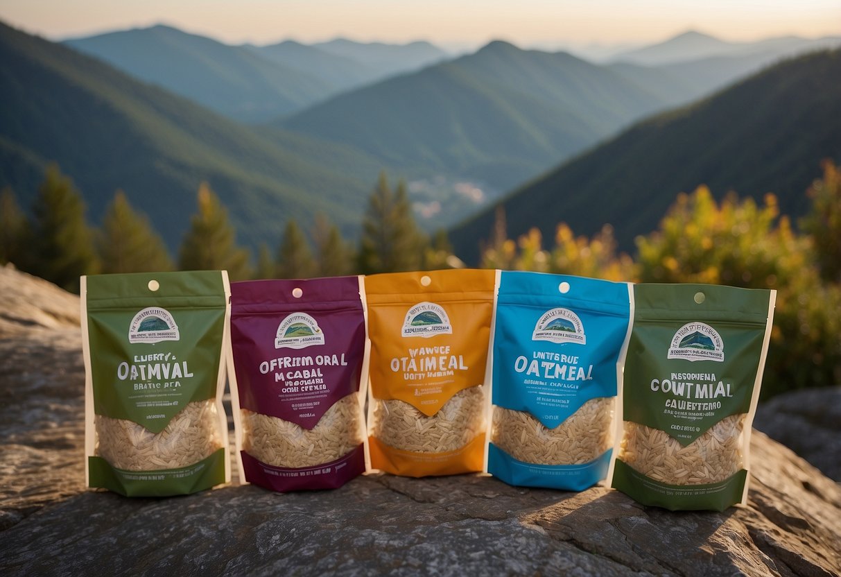 A pile of instant oatmeal packets surrounded by climbing gear and a scenic mountain backdrop