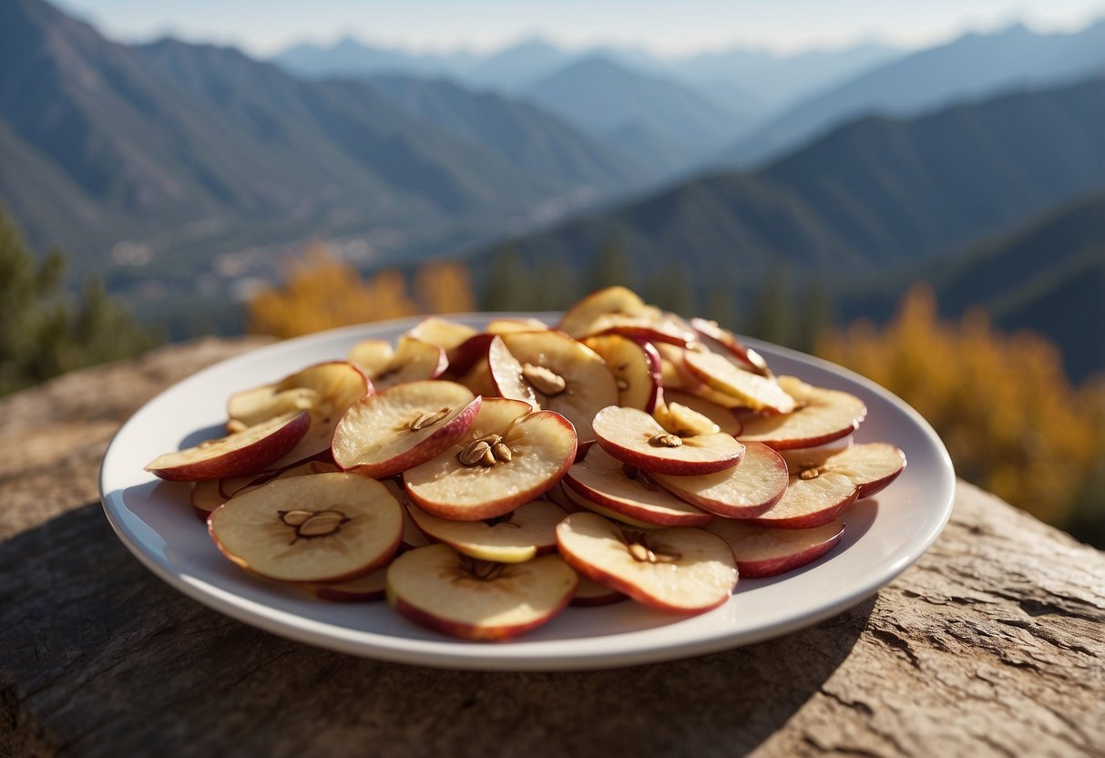 Dried apple slices and almonds arranged on a lightweight plate, surrounded by climbing gear and a scenic mountain backdrop