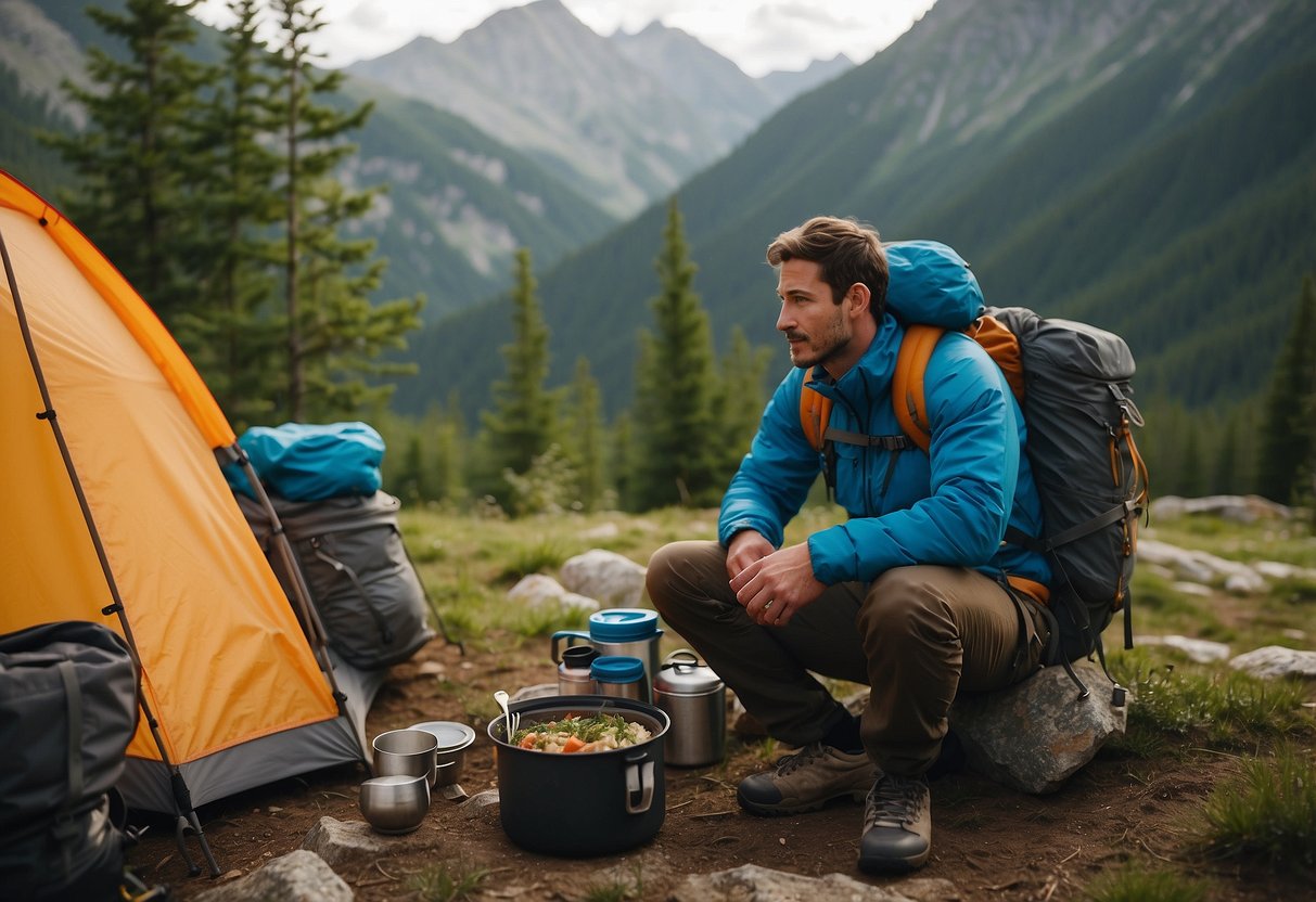 A mountain climber sits at a campsite, surrounded by lightweight, nutritious meals. A backpack and climbing gear are nearby, emphasizing the portability and convenience of the meals for outdoor adventures