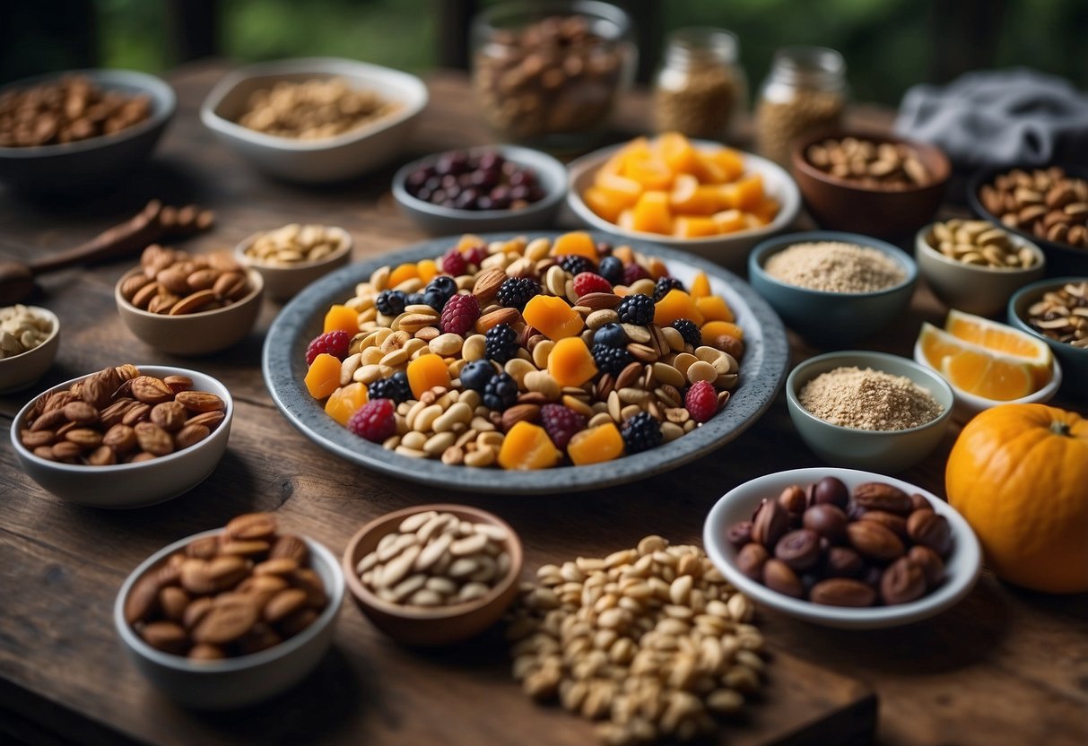 A table with 10 meal ideas, including trail mix, dehydrated fruits, and energy bars. Maps and climbing gear scattered around