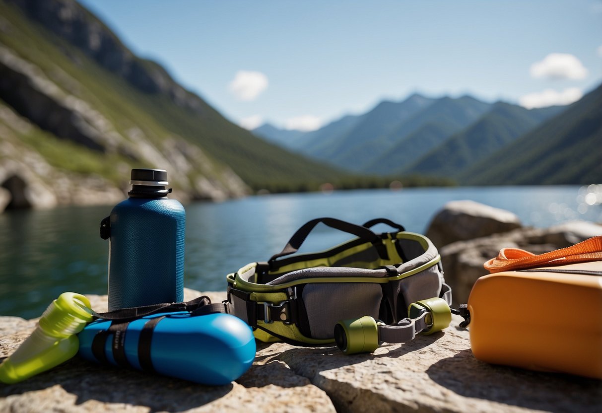 Climbing gear laid out on a rocky ledge, surrounded by a water bottle, healthy snacks, sunscreen, and a first aid kit. The sun is shining, and the rock face looms in the background