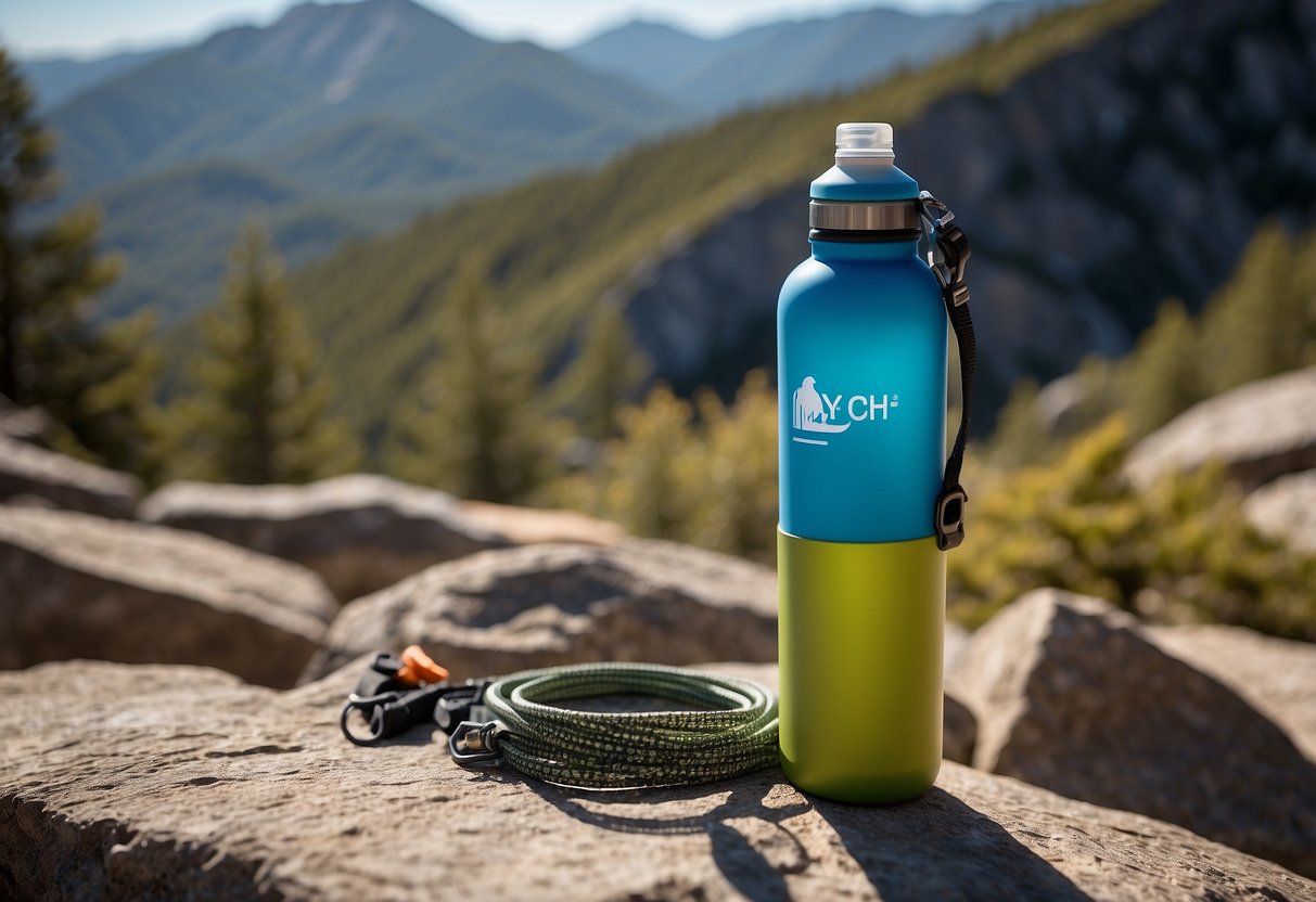 A climber's water bottle sits on a rocky ledge, surrounded by climbing gear. The sun shines down on the rugged terrain, emphasizing the importance of staying hydrated while tackling the rock face