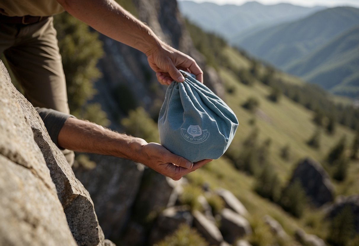 A hand reaches for a bag of quality climbing chalk, surrounded by a rocky cliff face. The sun shines down on the rugged terrain as the climber prepares for a healthy ascent