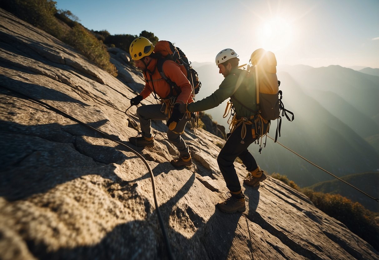 Two climbers scaling a rocky cliff, using safety ropes and gear. The sun is shining, casting long shadows as they navigate the challenging terrain