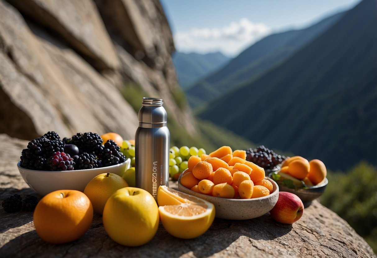 A climber's gear and healthy snacks laid out on a rock ledge, with a water bottle and fruits in the background