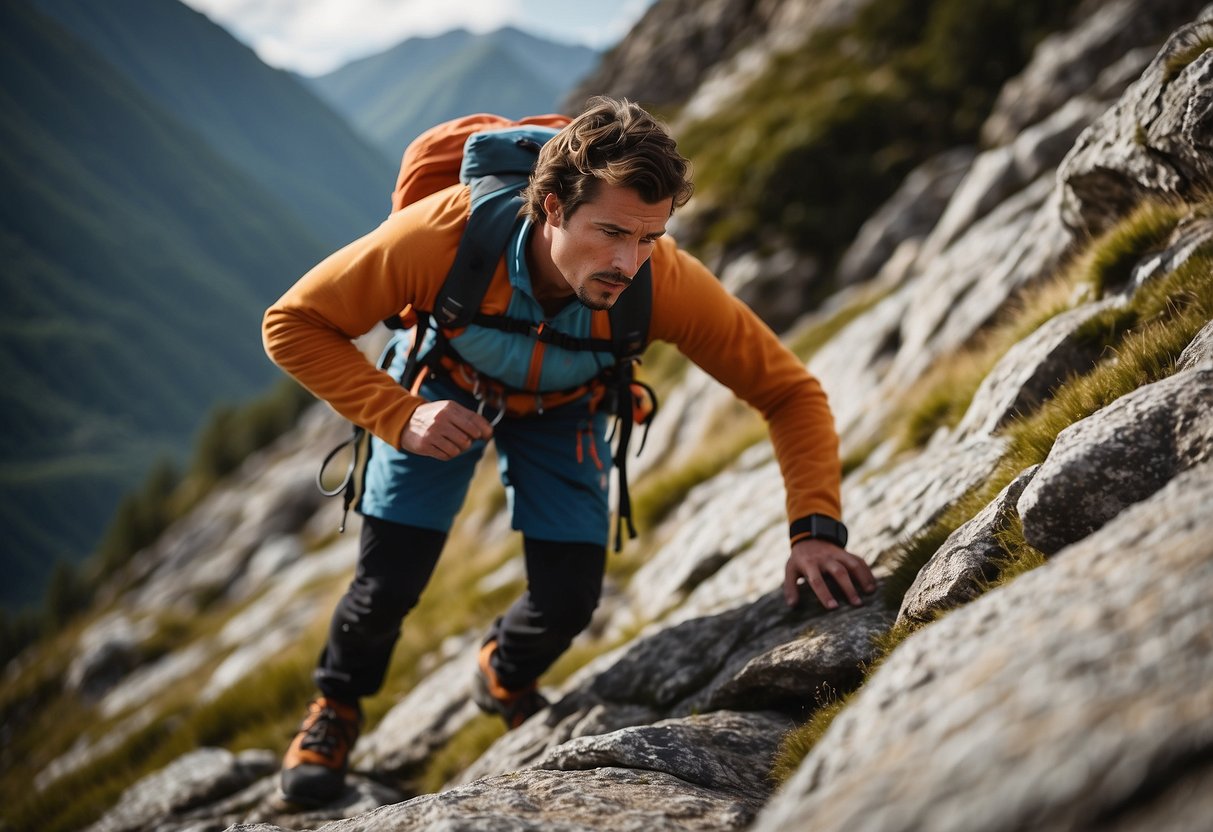 A climber carefully navigates rocky terrain, using proper equipment and technique to prevent injuries. A first aid kit is visible nearby