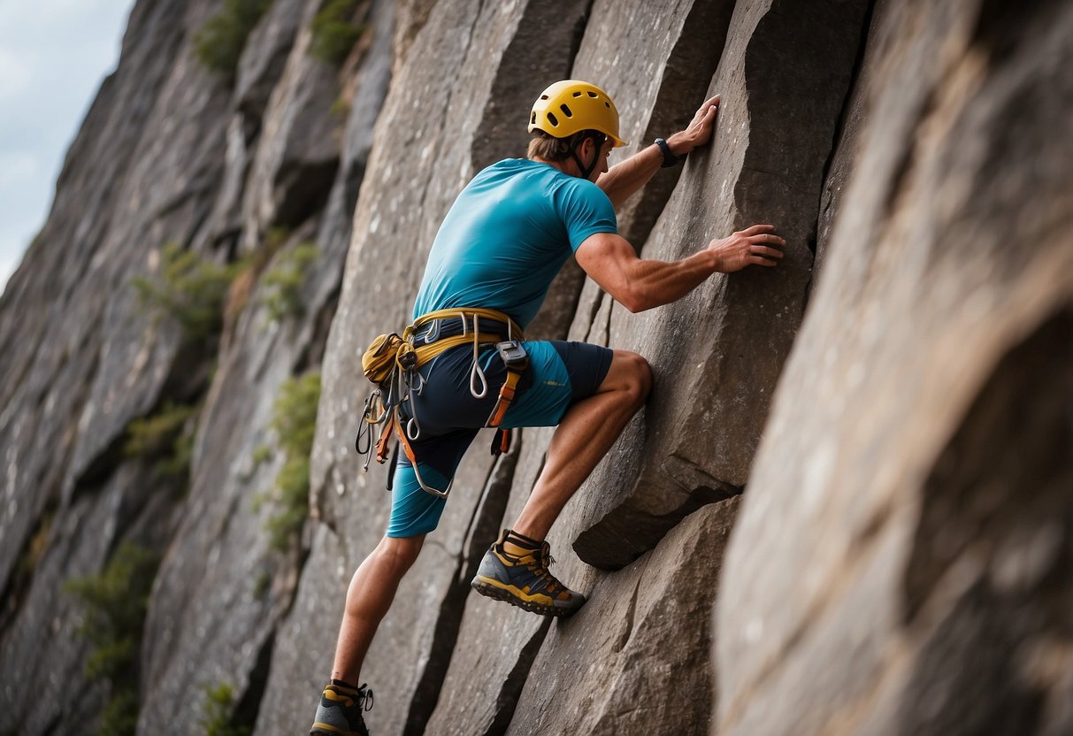 A climber mentally prepares, focusing on the rock face. Deep breaths, visualization, and positive self-talk help maintain a healthy mindset