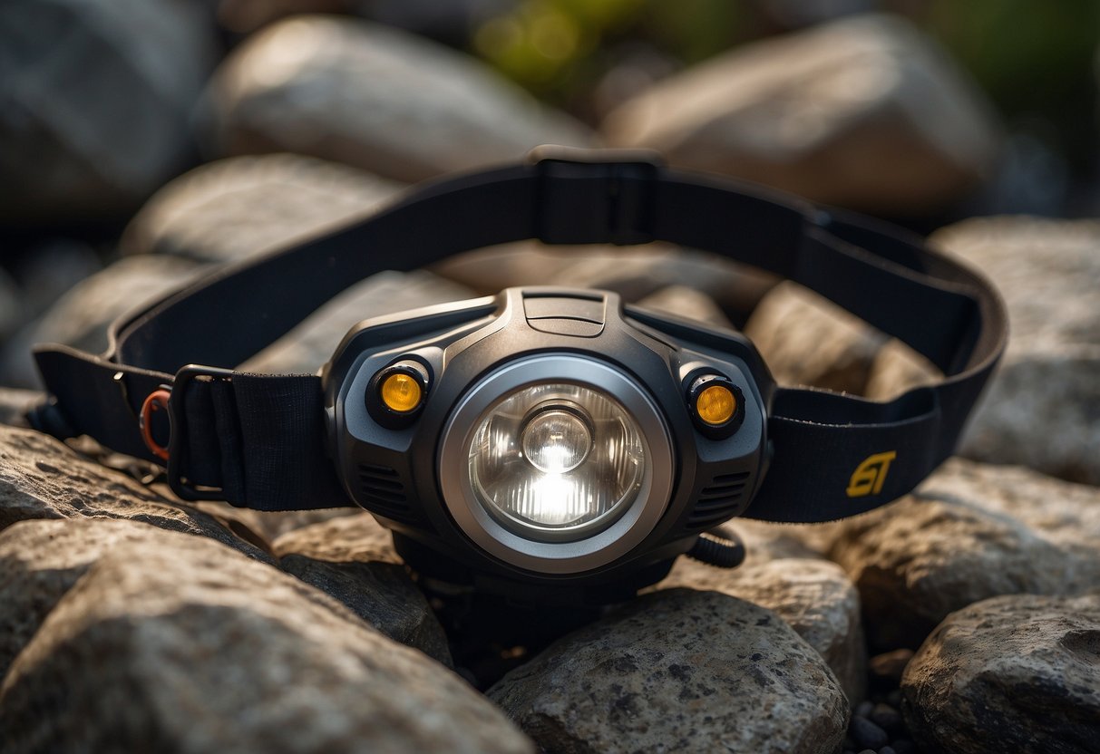 A group of headlamps arranged on a rocky surface, with climbing gear scattered around. The headlamps are sleek and compact, perfect for outdoor adventures