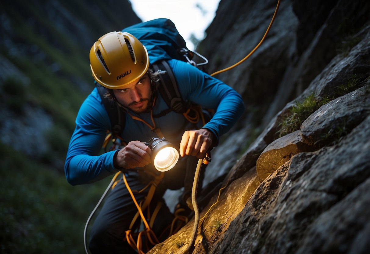 A climber wearing a lightweight headlamp ascends a steep rock face, illuminating their path in the dim light. The headlamp is compact and securely fastened to the climber's helmet, allowing for hands-free use