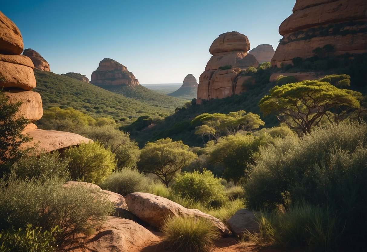 Rock formations jutting out of the African landscape, surrounded by lush greenery and a clear blue sky