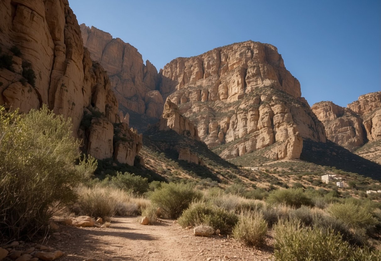 The rugged cliffs of Ain Sefra, Algeria rise dramatically against the clear blue sky, offering some of the best climbing spots in Africa