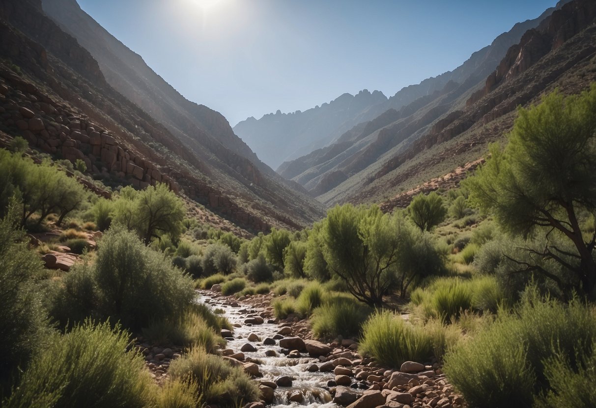 Toubkal National Park, Morocco: rocky peaks, lush valleys, clear streams, and diverse flora. Ideal for illustrating a climbing adventure in Africa