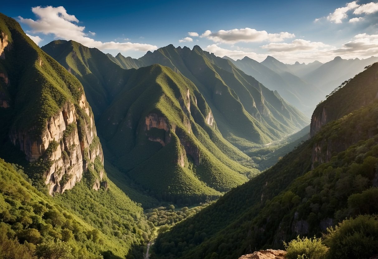 Lush green mountains rise against a clear blue sky, with rocky cliffs and steep slopes creating the perfect terrain for climbing. The sun shines down on the diverse landscapes, from desert canyons to tropical rainforests, offering a variety of challenging and