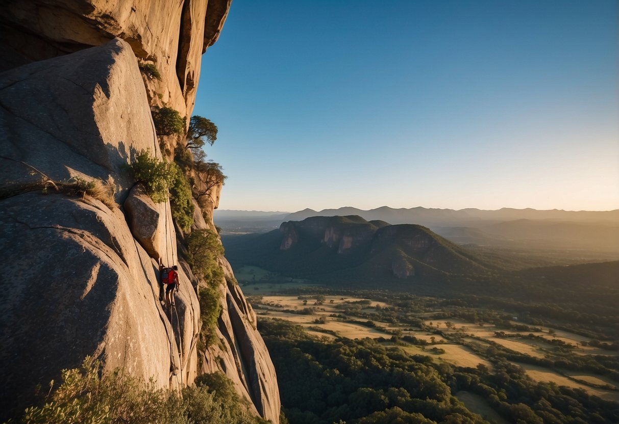 A towering rock face overlooks a lush African landscape. Climbing gear and ropes are neatly organized at the base, while a clear blue sky provides the perfect backdrop for adventure