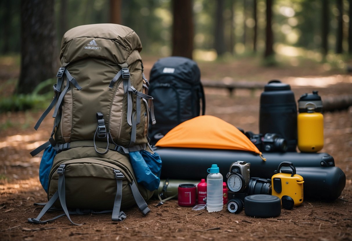 A backpack open on the ground, with a sleeping bag, tent, and gear laid out. A scale nearby shows weight being removed