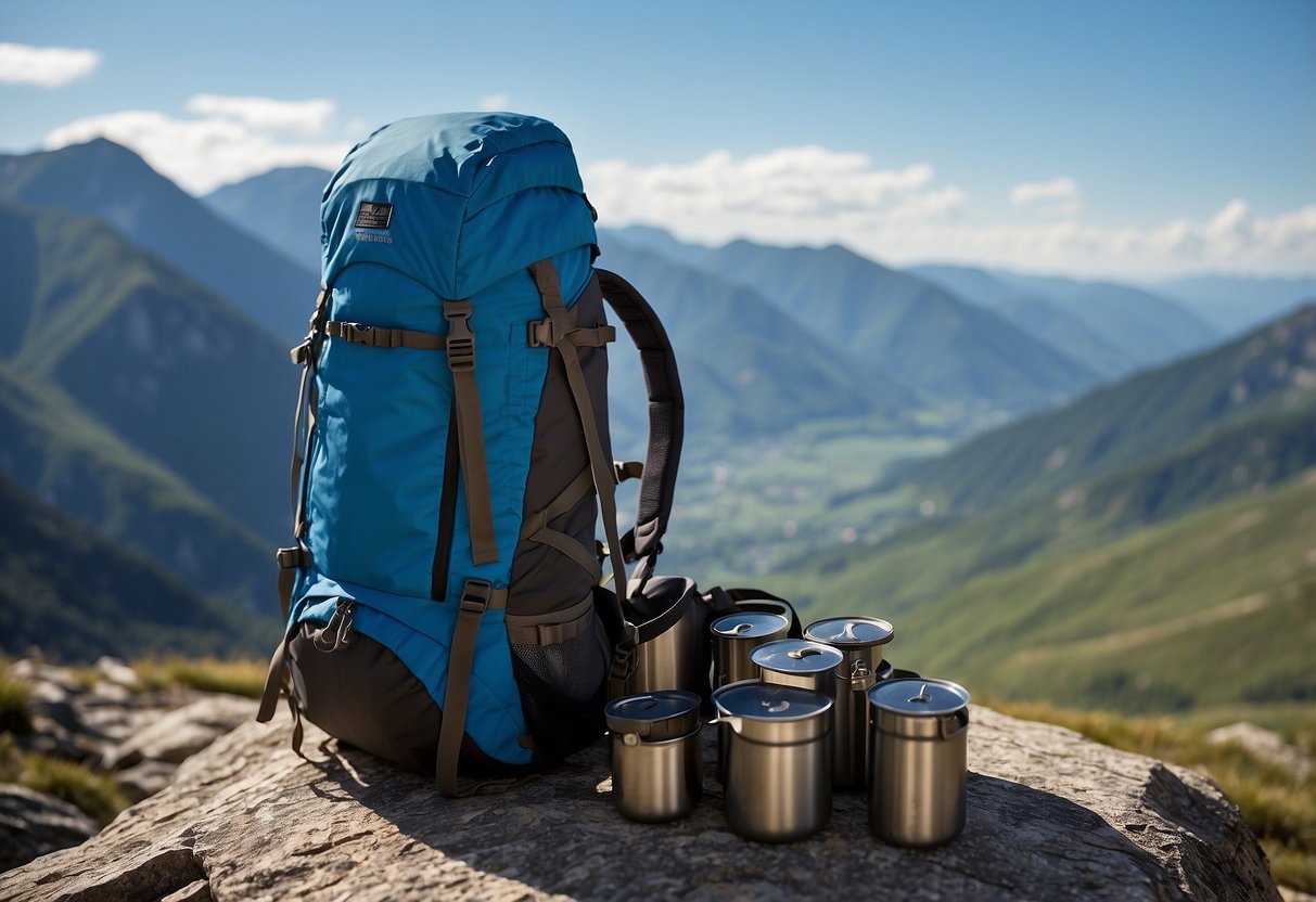 A compact backpack filled with lightweight titanium cookware, a small stove, and neatly packed climbing gear. The scene is set against a backdrop of rugged mountains and a clear blue sky