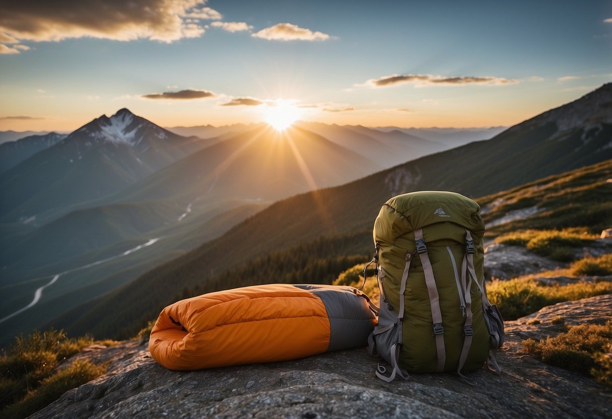 A compact sleeping bag lays next to a backpack, surrounded by lightweight climbing gear. The sun is setting behind a mountain peak, casting a warm glow on the scene