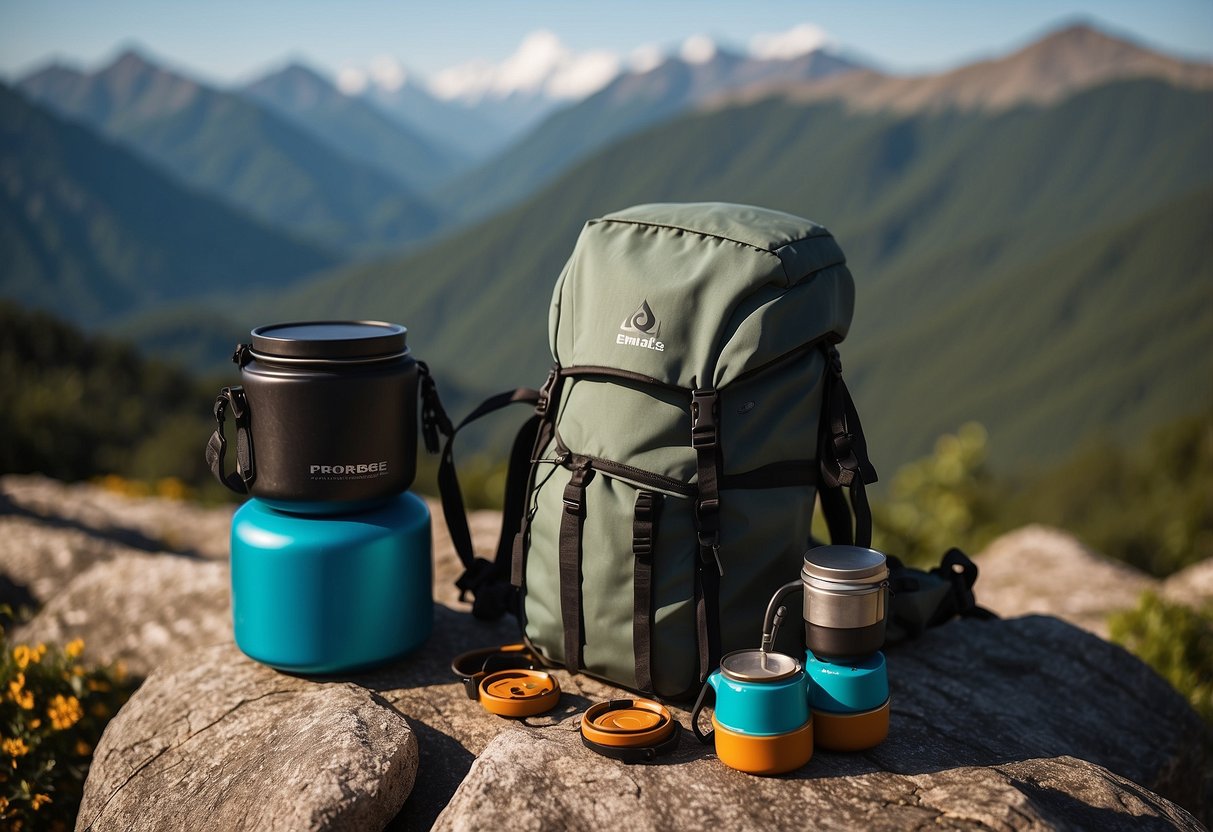 A backpack with lightweight dehydrated meals, compact stove, and collapsible cooking pot. Climbing gear and rope in the background