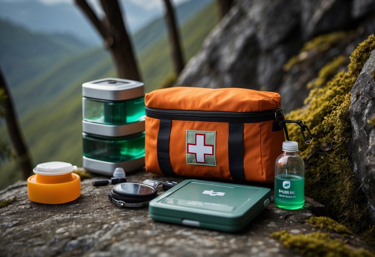 A compact first aid kit sits next to climbing gear. Tips for reducing pack weight are displayed nearby