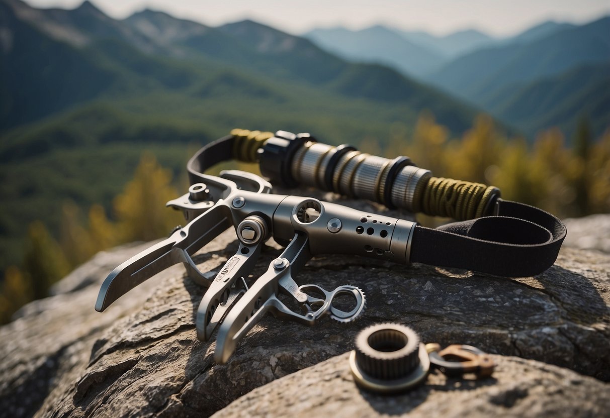 A multi-purpose tool, lightweight climbing gear, and 7 tips displayed on a rocky mountain backdrop