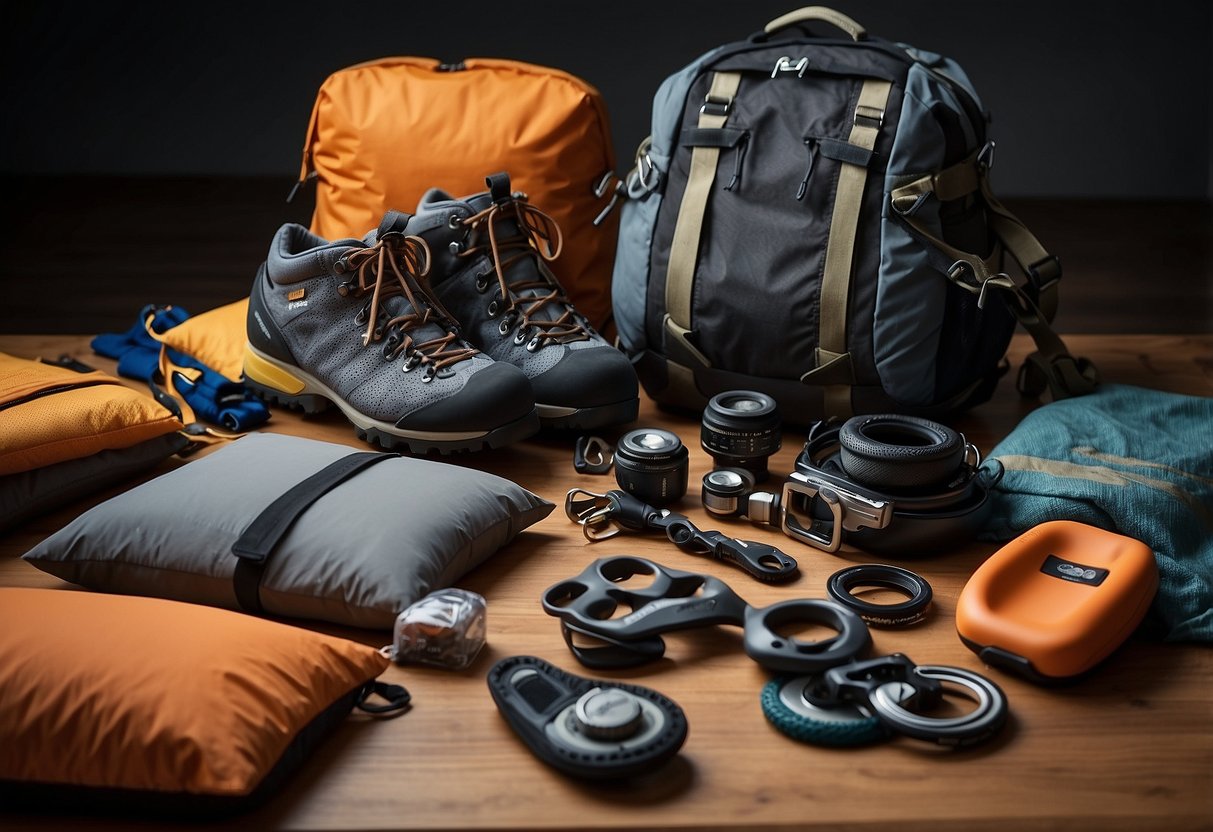 A climber lays out lightweight gear, choosing versatile items for a climbing trip. Tips for reducing pack weight are displayed nearby