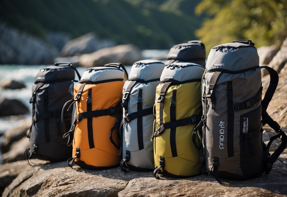 A group of five durable coolers positioned on a rocky cliff, surrounded by climbing gear and ropes. The coolers are open, revealing ice-cold drinks and snacks inside