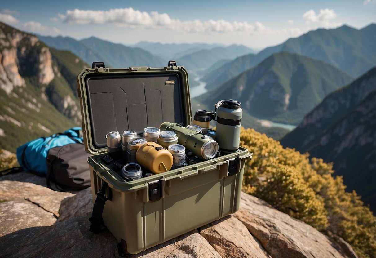 A Pelican Elite 50 Quart cooler sits atop a rocky mountain peak, surrounded by climbing gear and a breathtaking view