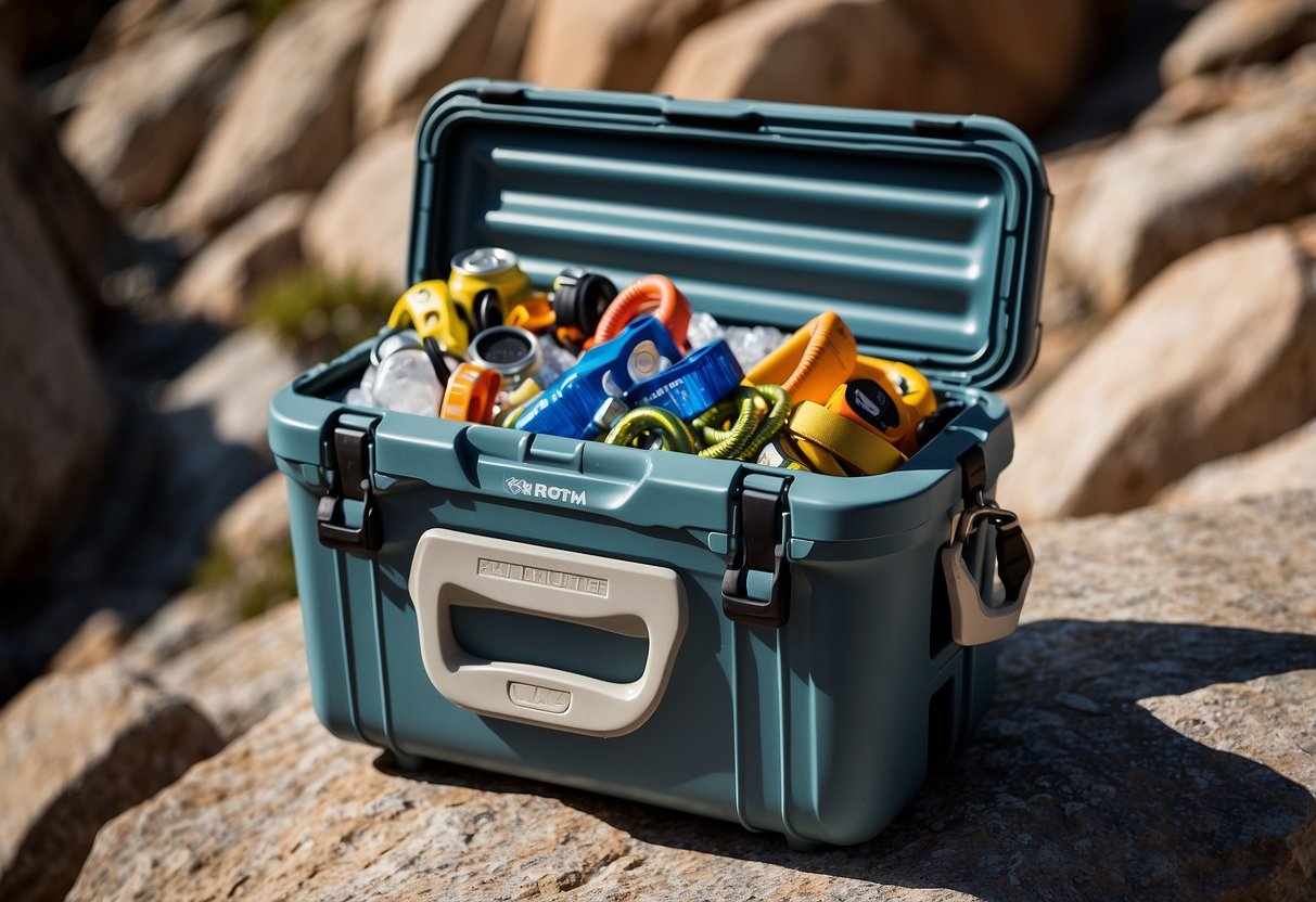 A climbing cooler sits atop a rocky ledge, surrounded by carabiners and climbing ropes. The rugged exterior shows signs of wear, while the interior boasts ample space and insulation for keeping drinks and snacks cold on the go