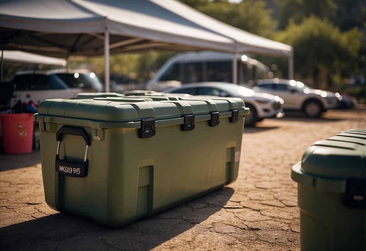 A climber carefully stores coolers in a dry, shaded area. The coolers are clean, with tightly sealed lids to prevent any leaks. Labels indicate the contents and date of storage