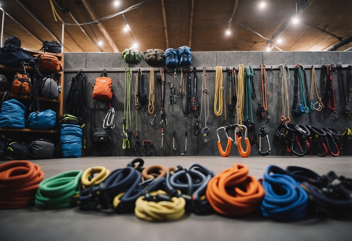 A mountainous landscape with a variety of climbing gear laid out, including ropes, carabiners, harnesses, and climbing shoes. A training area with a climbing wall and various exercise equipment in the background