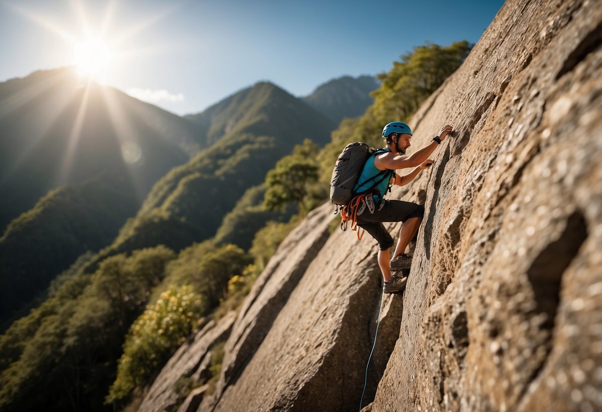 A person climbing a steep rock wall, with a water bottle nearby. The sun is shining, and the climber is taking a break to hydrate