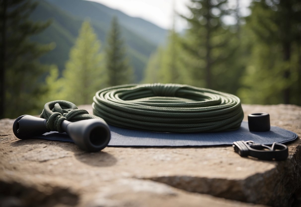 A person practicing yoga poses on a yoga mat with a climbing rope and gear in the background. The person is stretching and holding various yoga poses to improve flexibility for a climbing trip