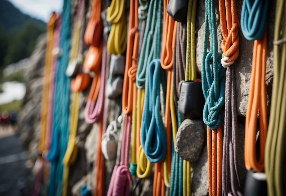 A rock wall with colorful holds, ropes, and safety mats. Climbing shoes and chalk bags scattered around. Training equipment like hangboards and campus boards nearby