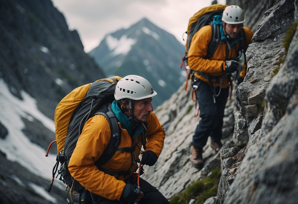 Climbers ascending a high mountain, feeling dizzy and nauseous. They sip water and rest often, using oxygen masks and medication