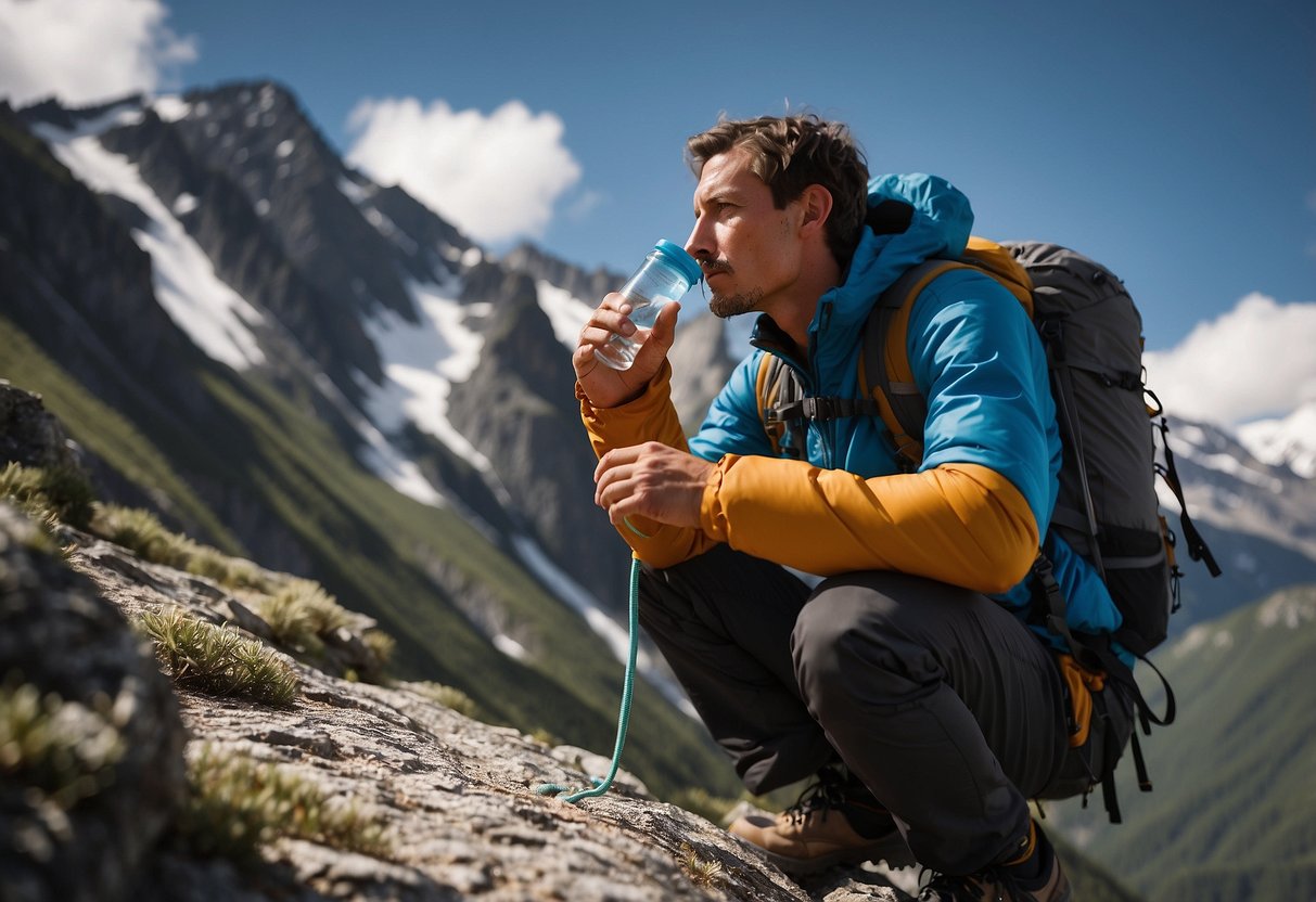 A climber sips water from a bottle at high altitude, surrounded by mountains. They follow 7 tips for dealing with altitude sickness