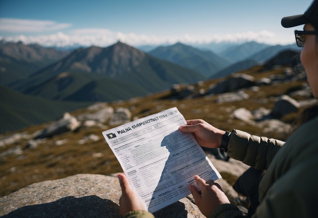 A person taking Diamox with a water bottle and altitude sickness tips list on a rocky mountain trail