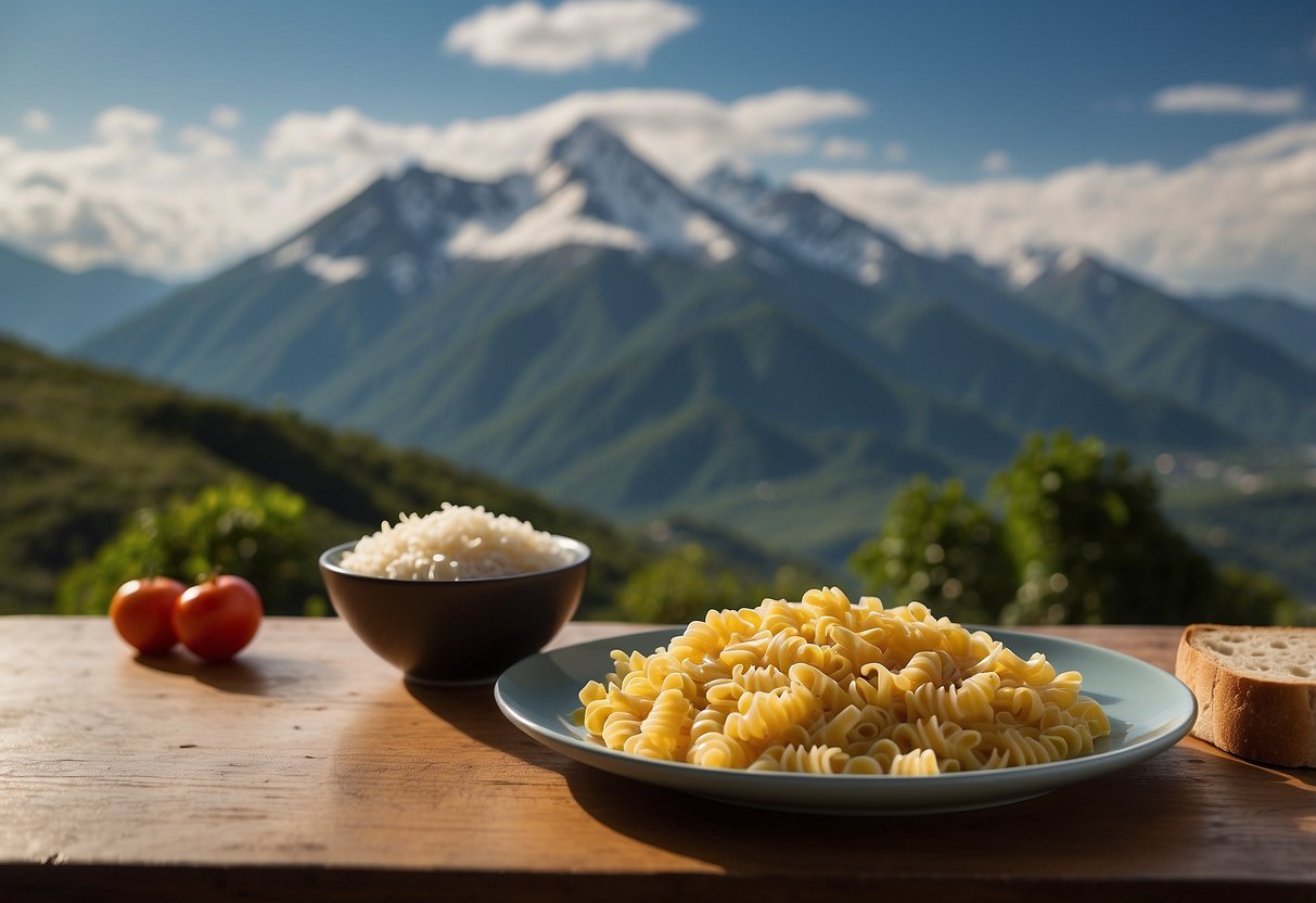 A plate of pasta, bread, and rice sits on a table. A mountain peak looms in the background, surrounded by clouds