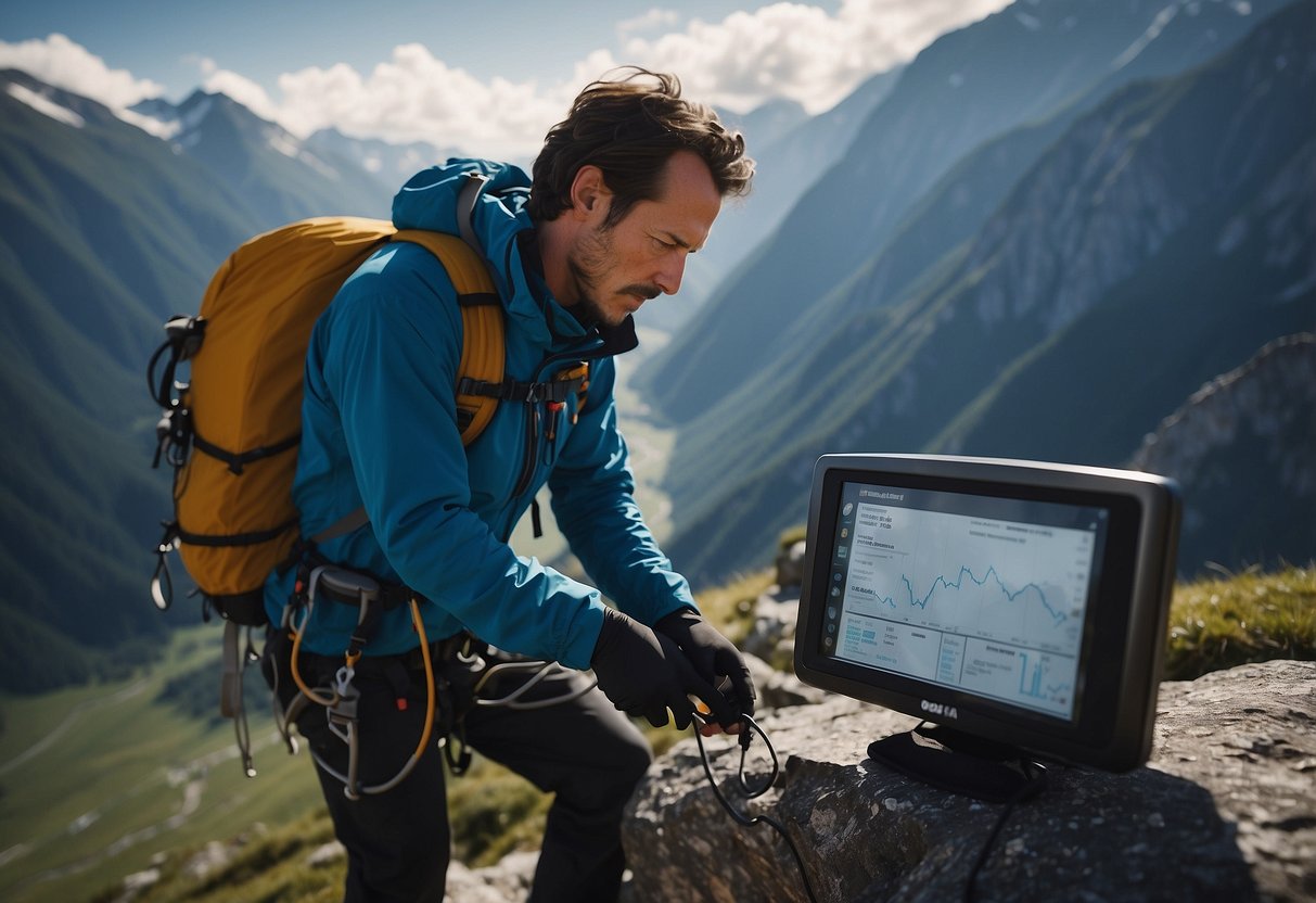 A climber checks oxygen levels on a high-altitude mountain. Tips for dealing with altitude sickness are displayed on a monitor