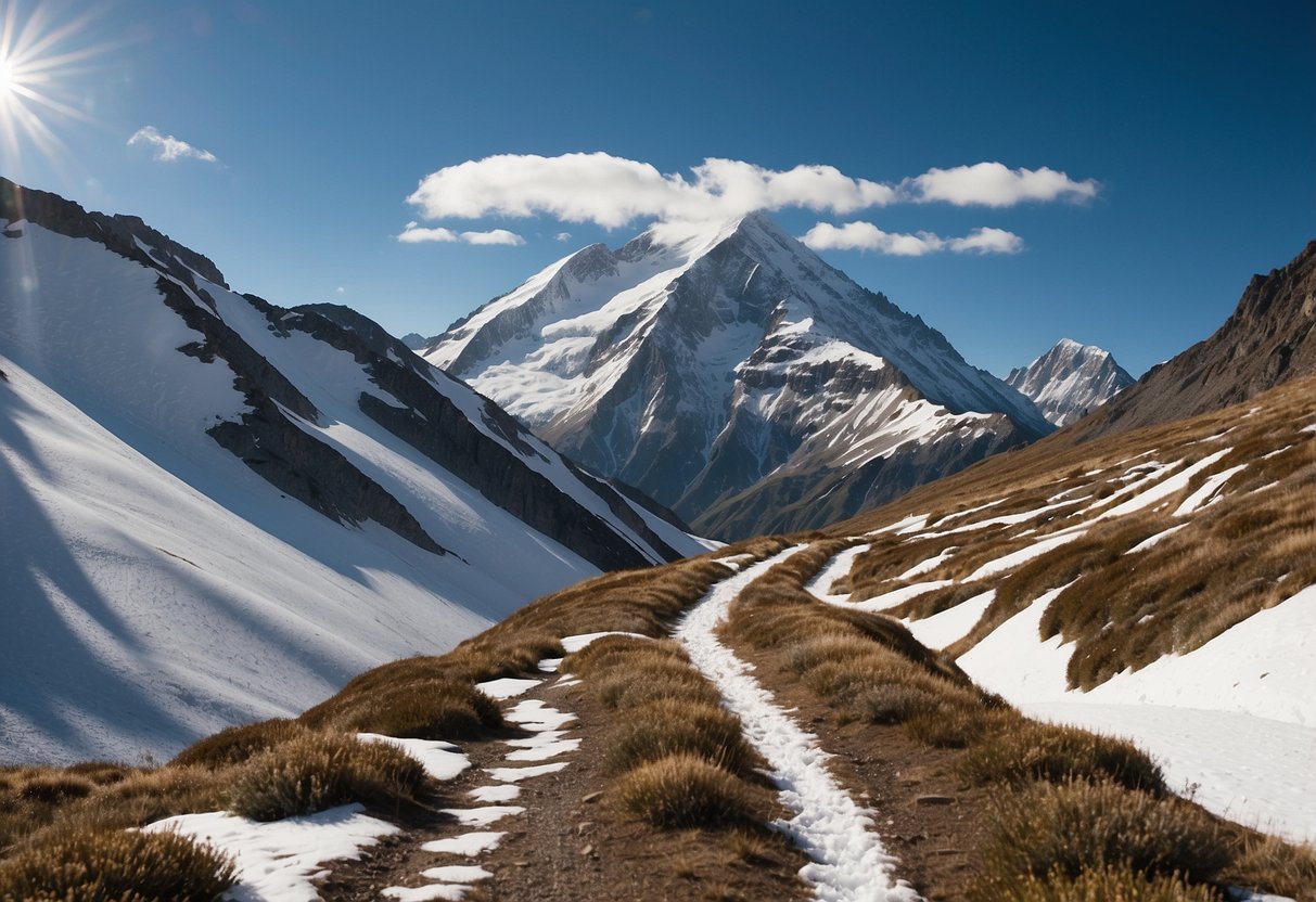 A serene mountain landscape with a clear blue sky, snow-capped peaks, and a winding trail leading up to the summit. No signs of alcohol or caffeine present