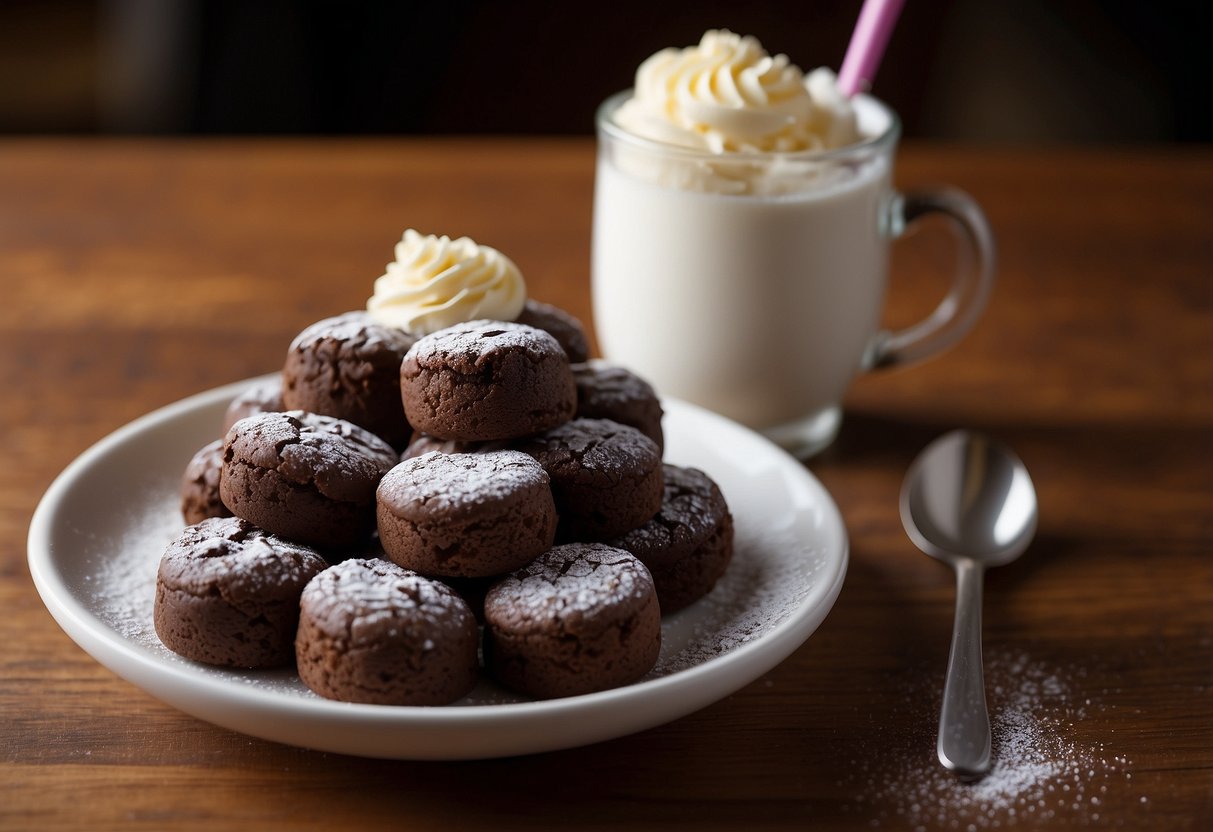 A plate of warm brownie bites sits on a wooden table, drizzled with chocolate sauce and dusted with powdered sugar. A scoop of vanilla ice cream melts alongside