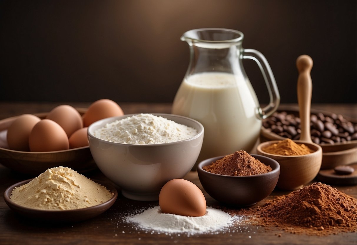 A table with a spread of ingredients: flour, sugar, cocoa powder, eggs, vanilla extract, and chocolate chips. A mixing bowl, measuring cups, and a whisk are also present