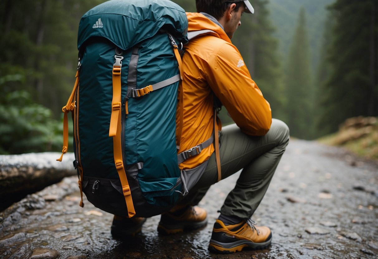 A climber unpacks a backpack, revealing lightweight rain gear. The gear includes a waterproof jacket, pants, and a compact packable design