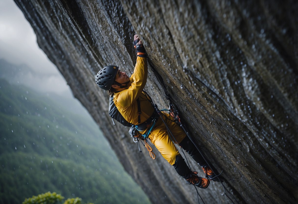 A climber in Black Diamond Liquid Point 5 gear ascends a rain-soaked rock face, the lightweight fabric glistening in the rain