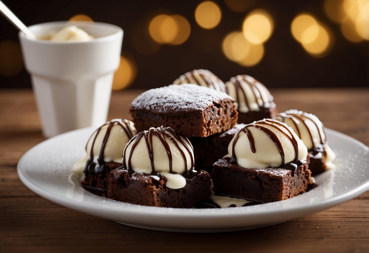 A plate of warm, gooey brownie bites topped with a scoop of vanilla ice cream, drizzled with rich chocolate sauce and sprinkled with powdered sugar