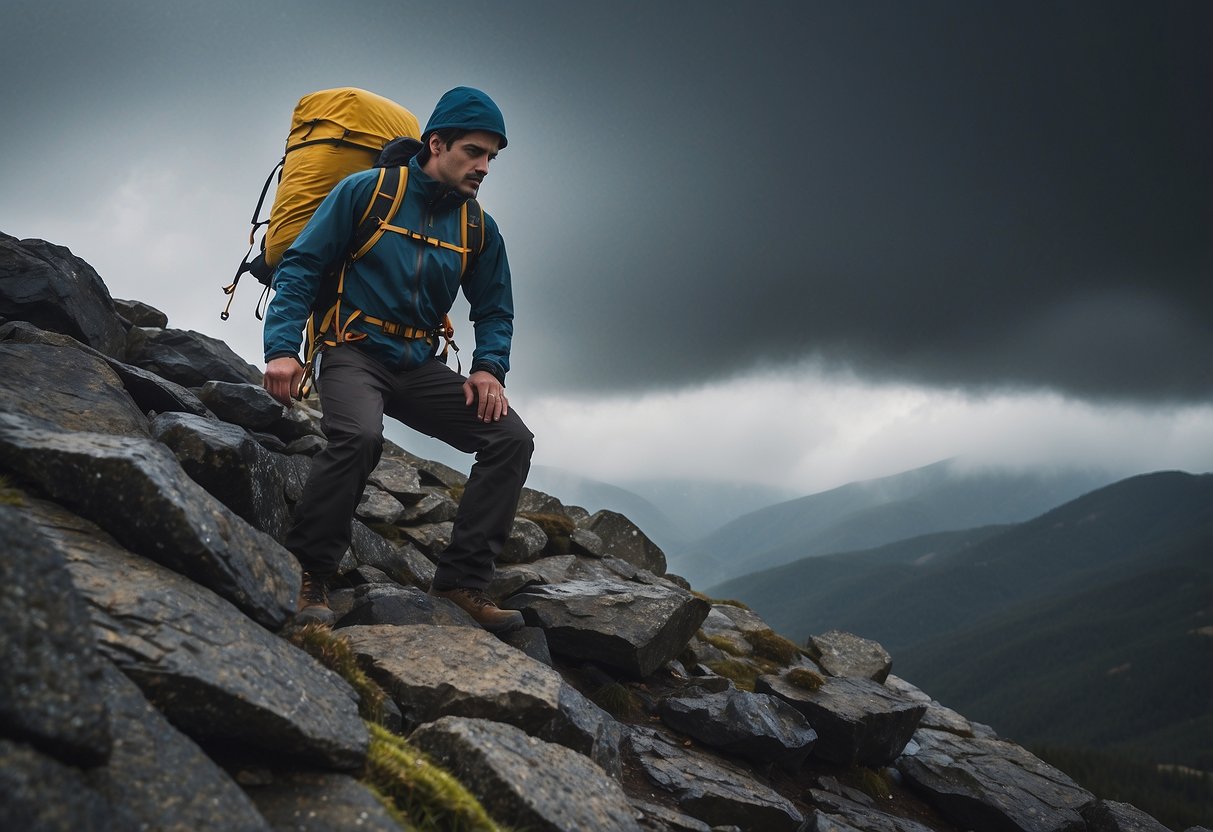 A climber stands on a rocky ledge, surrounded by dark clouds. They wear lightweight rain gear, keeping them dry and comfortable as they navigate the challenging terrain