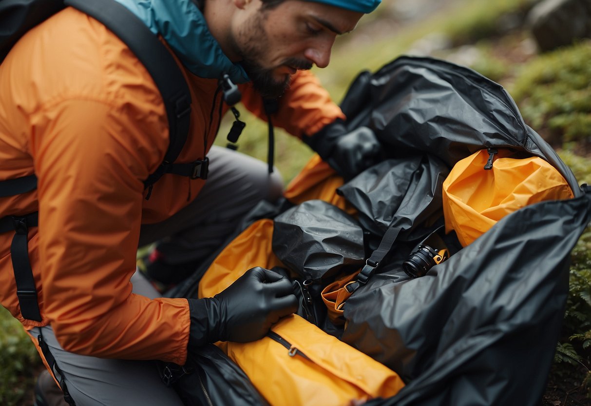 A climber unpacks lightweight rain gear from a backpack, including a waterproof jacket, pants, and packable rain cover for gear