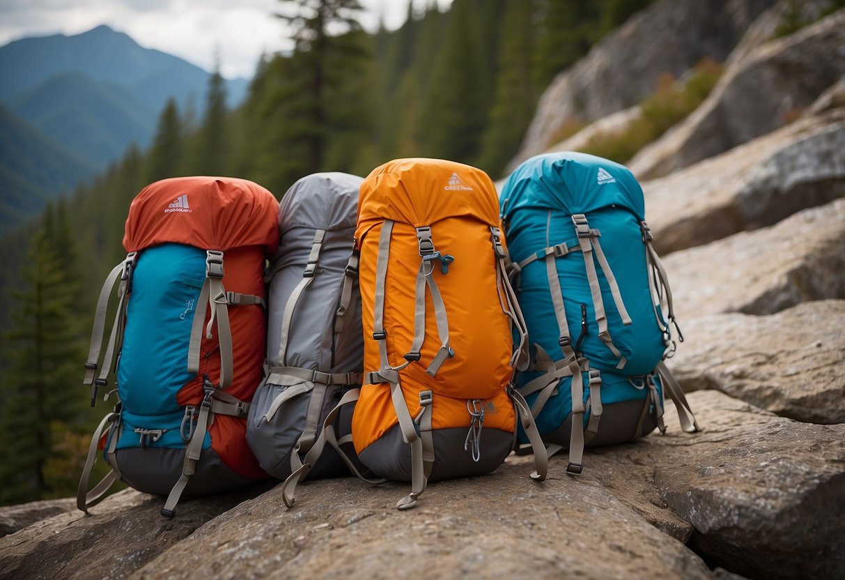 A group of colorful, lightweight climbing packs arranged against a rocky mountain backdrop, with carabiners and climbing ropes scattered nearby