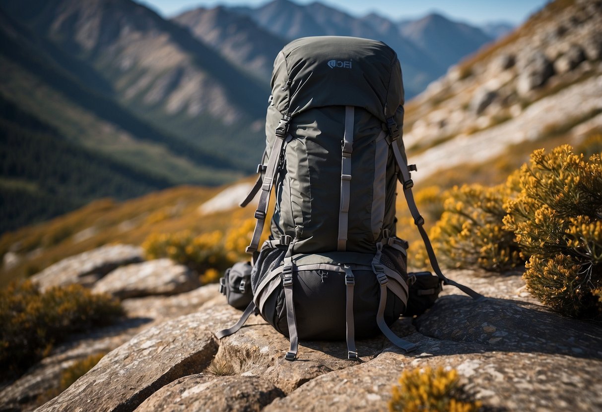 A rocky mountain path winds through a rugged landscape, with the Black Diamond Distance 15 10 lightweight climbing packs resting against a boulder, ready for the next adventure