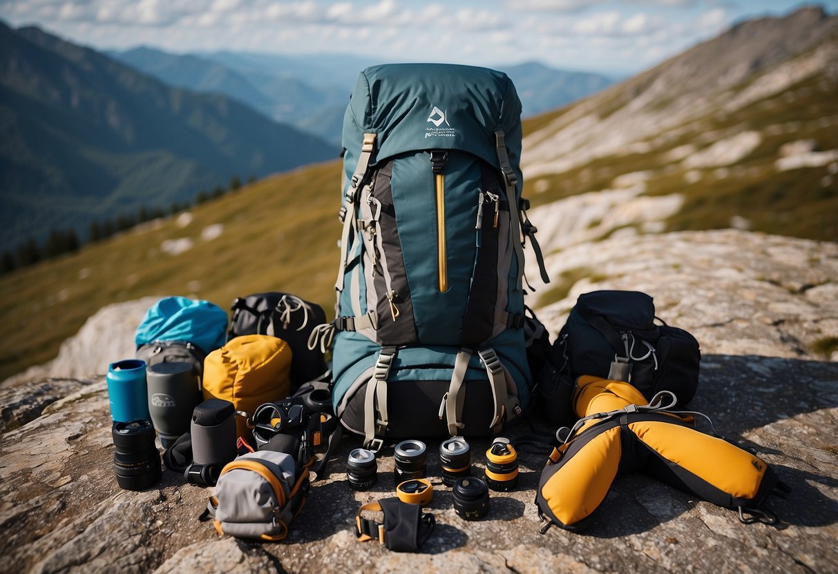 A mountain climber's gear spread out on rocky terrain, including a lightweight climbing pack with various compartments and straps